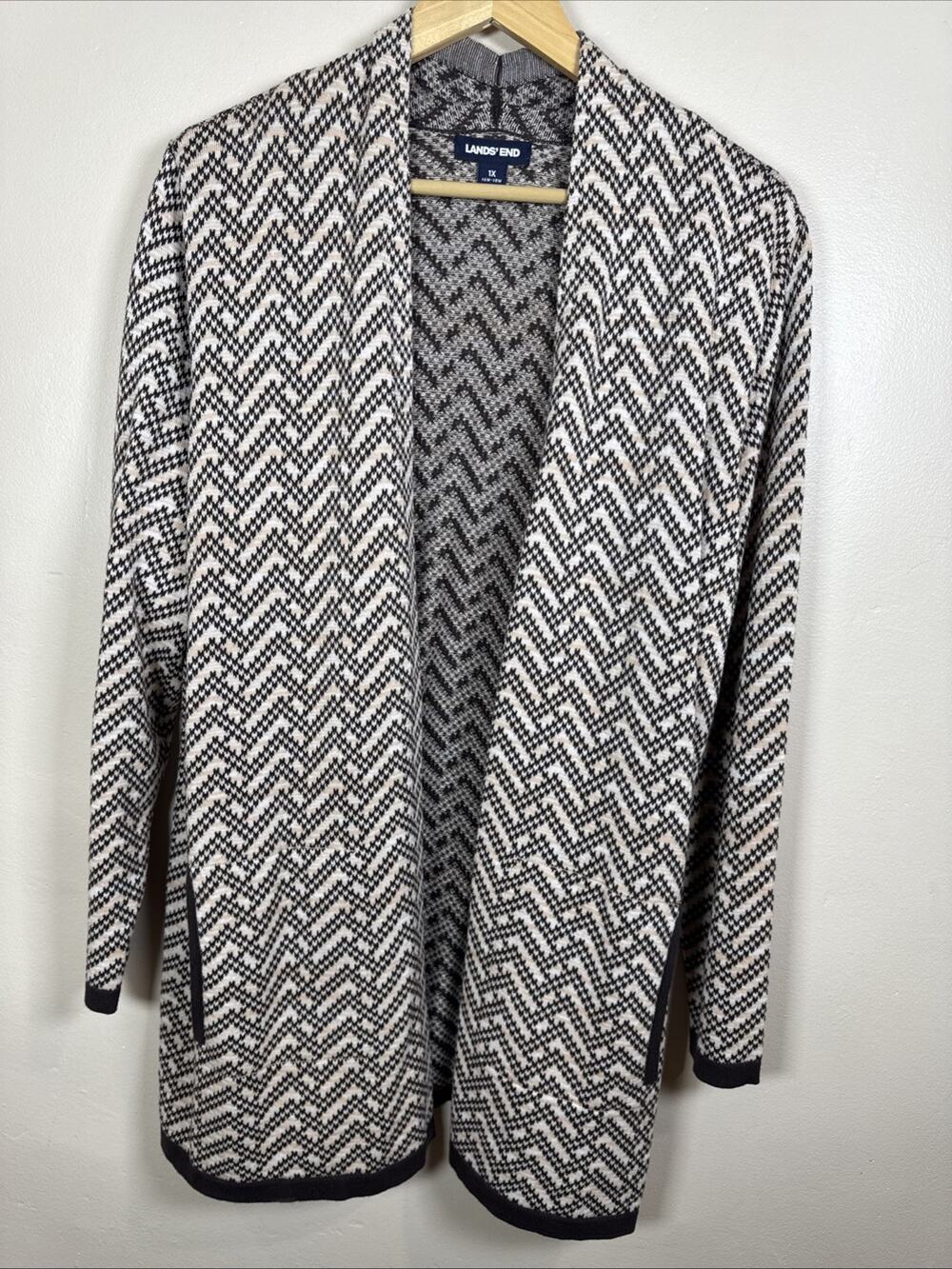 Lands End Womens Plus Size Long Cardigan 100% Cotton Tweed Knit 1X Preppy